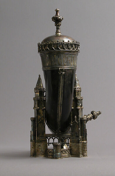 Drinking Horn, Workshop of Louis Marcy (Luigi Parmeggiani) (Italian, 1860–1945) (?), Horn, silver, enamel, French