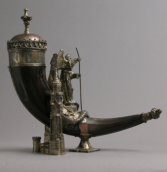 Drinking Horn, Workshop of Louis Marcy (Luigi Parmeggiani) (Italian, 1860–1945) (?), Horn, silver, enamel, French