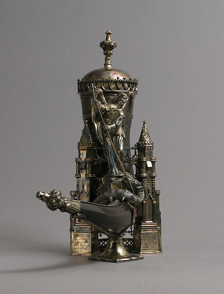 Drinking Horn, Workshop of Louis Marcy (Luigi Parmeggiani) (Italian, 1860–1945) (?), Horn, silver, enamel, French