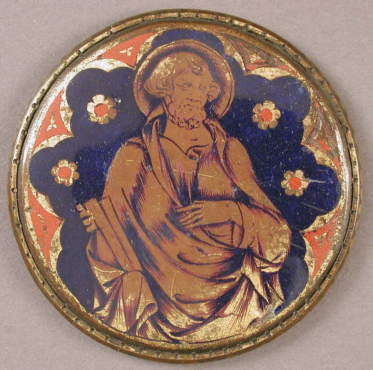 Medallion with Saint Peter, Champlevé enamel, gilded copper, Italian 