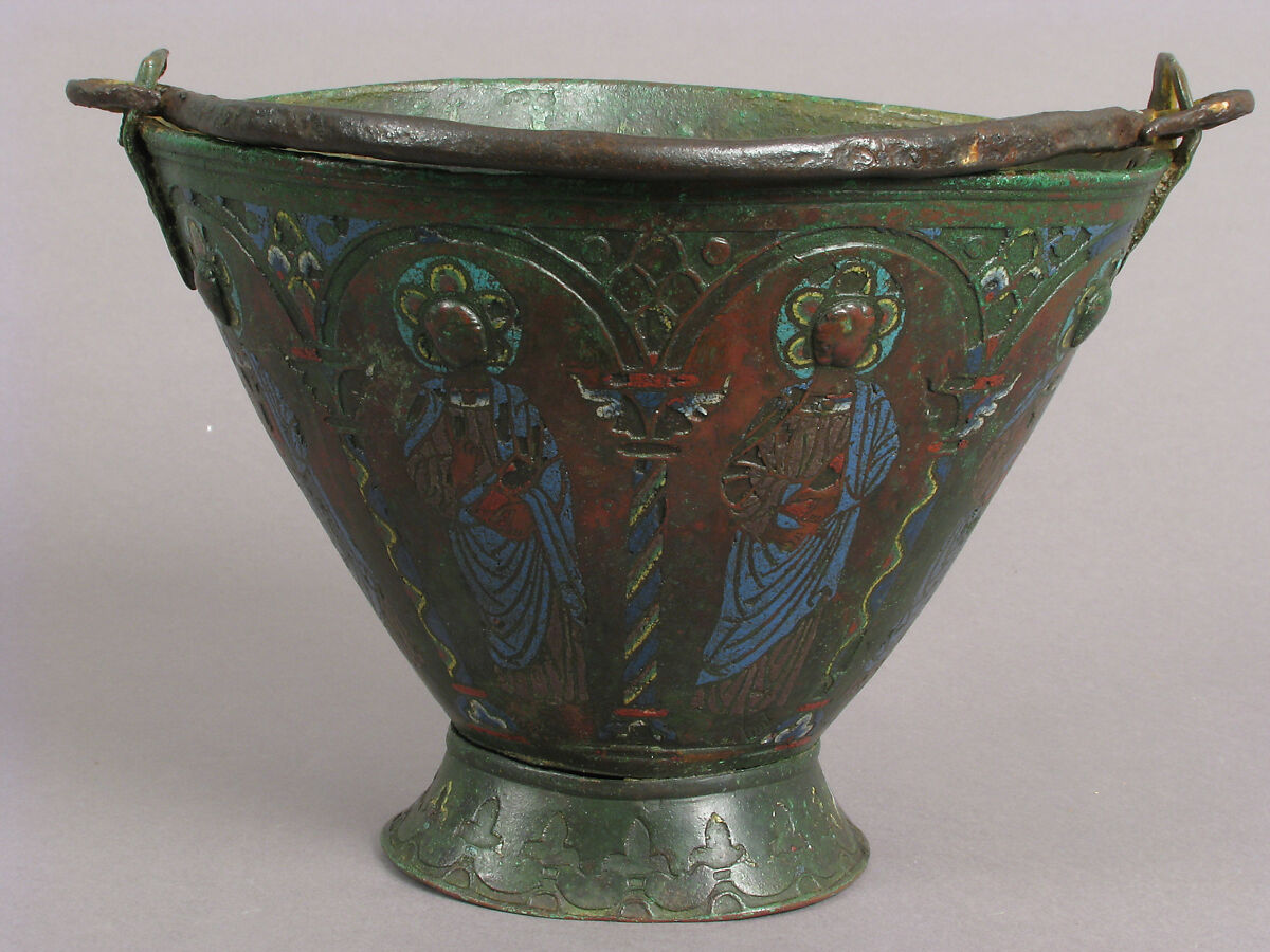 Situla (Bucket for Holy Water) with Saint Peter and Other Saints, Probably Apostles, Champlevé enamel, copper, iron. Ground probably once gilt., French 