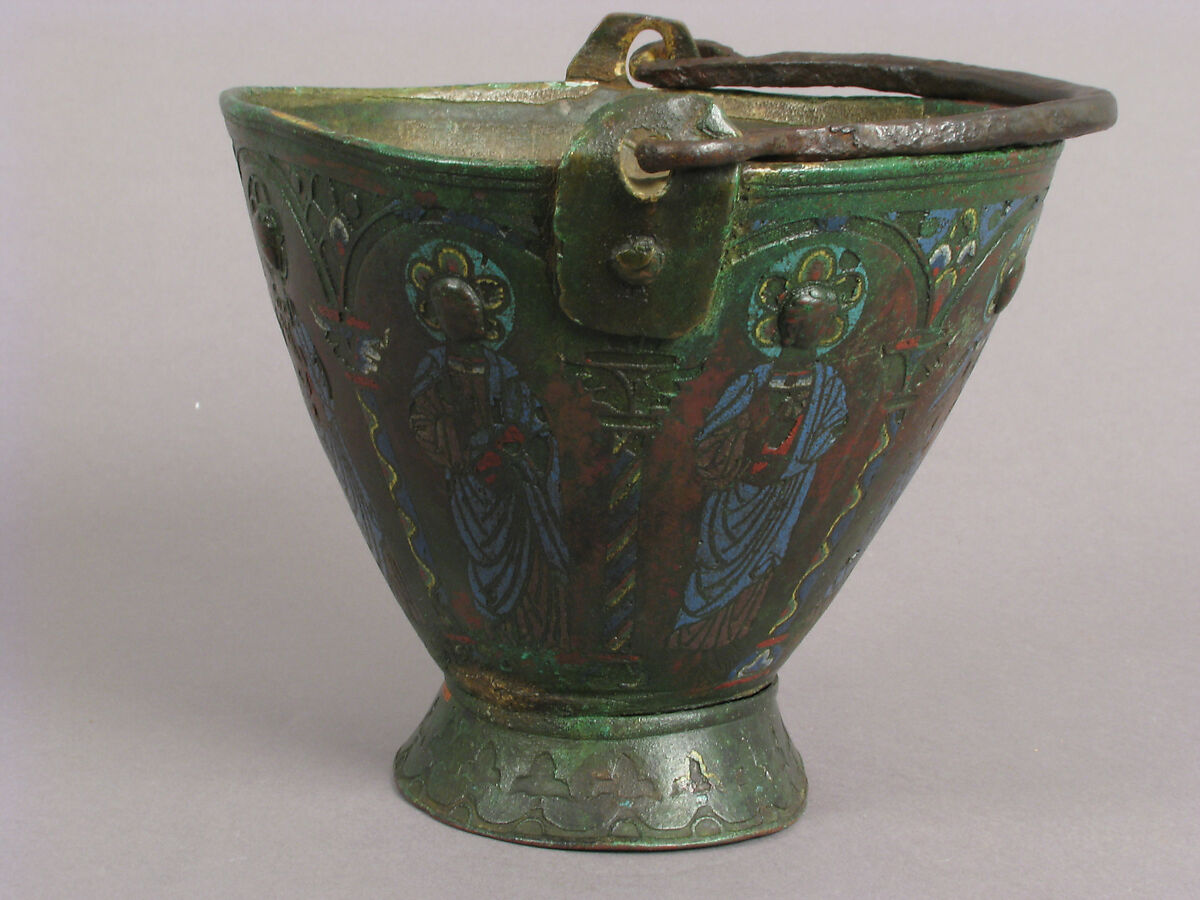Situla (Bucket for Holy Water) with Saint Peter and Other Saints, Probably Apostles, Champlevé enamel, copper, iron. Ground probably once gilt., French