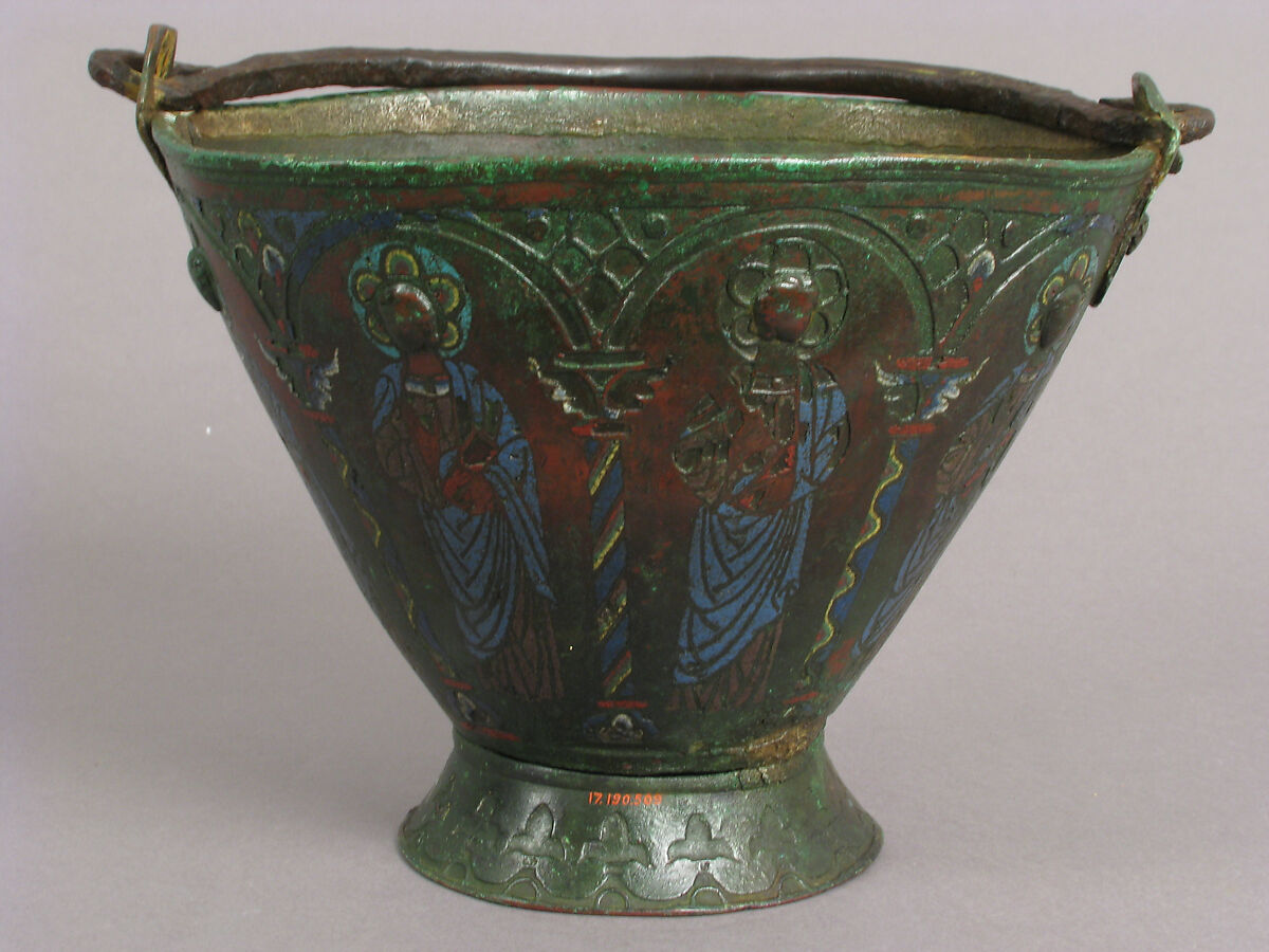 Situla (Bucket for Holy Water) with Saint Peter and Other Saints, Probably Apostles, Champlevé enamel, copper, iron. Ground probably once gilt., French