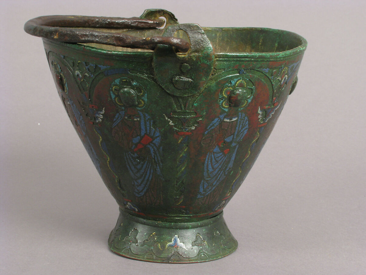 Situla (Bucket for Holy Water) with Saint Peter and Other Saints, Probably Apostles, Champlevé enamel, copper, iron. Ground probably once gilt., French