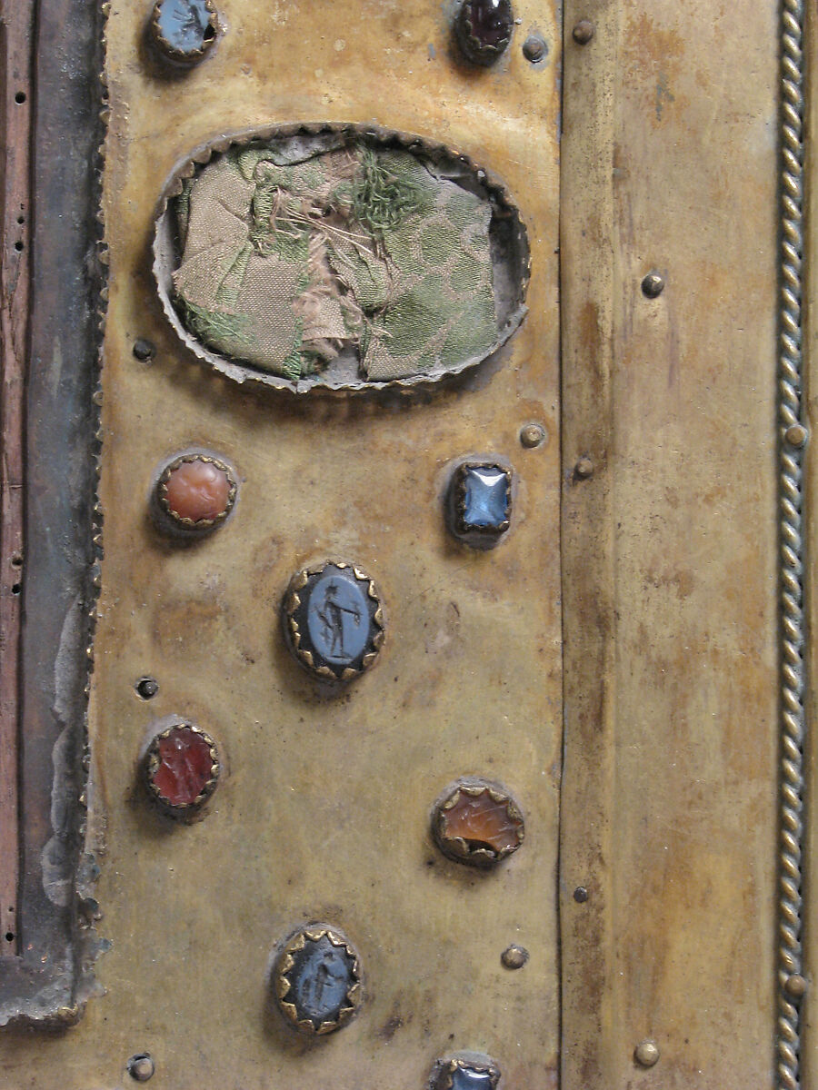 Triptych, Champlevé enamel, copper-gilt, silver, intaglios, cameos, textile on wood core, French