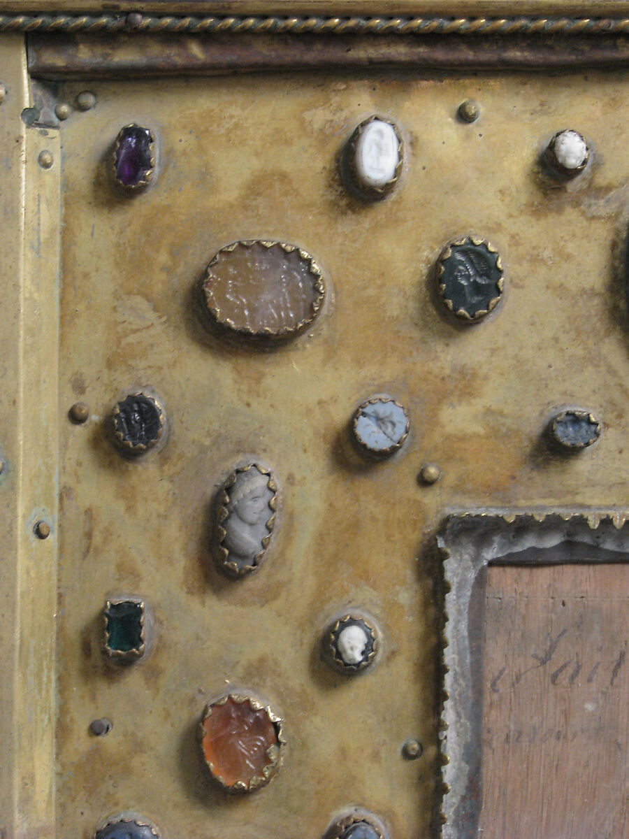 Triptych, Champlevé enamel, copper-gilt, silver, intaglios, cameos, textile on wood core, French