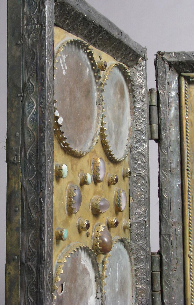 Triptych, Champlevé enamel, copper-gilt, silver, intaglios, cameos, textile on wood core, French
