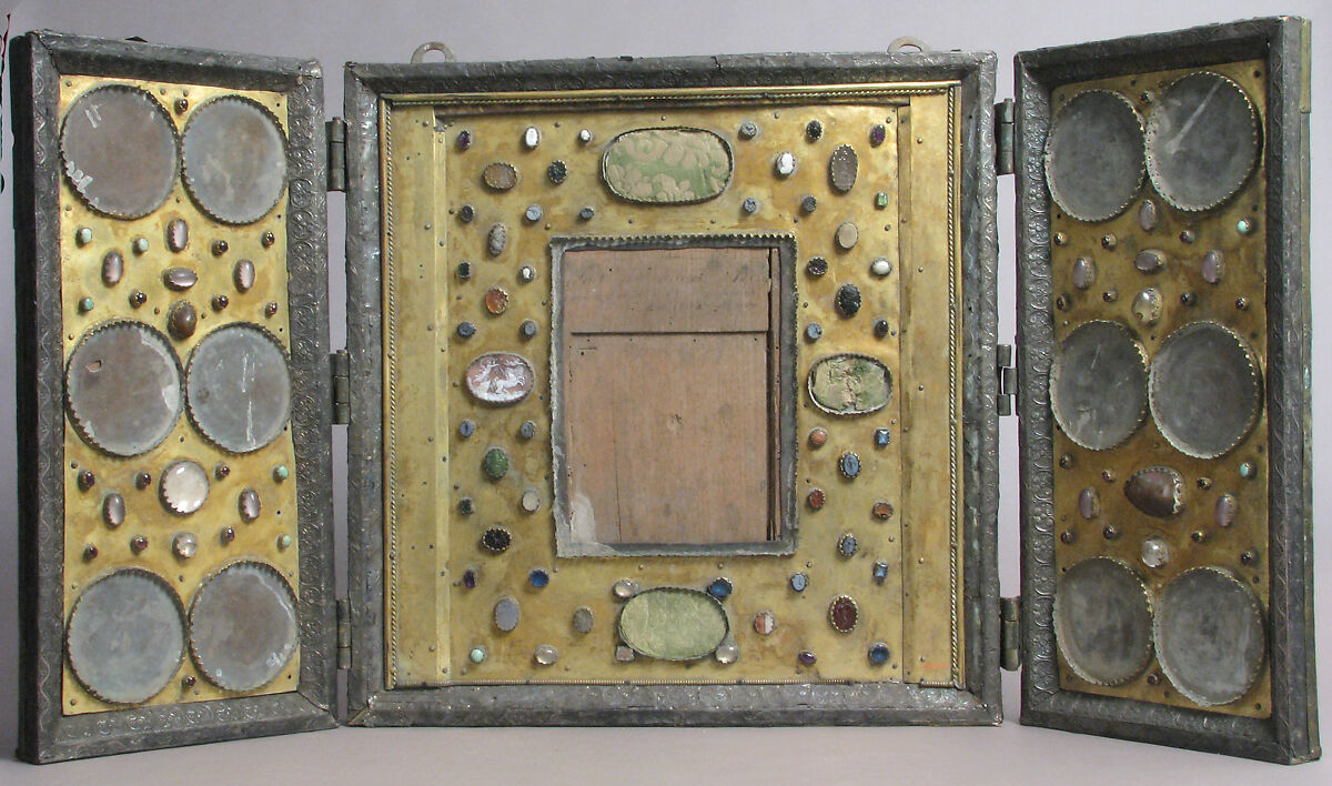 Triptych, Champlevé enamel, copper-gilt, silver, intaglios, cameos, textile on wood core, French 