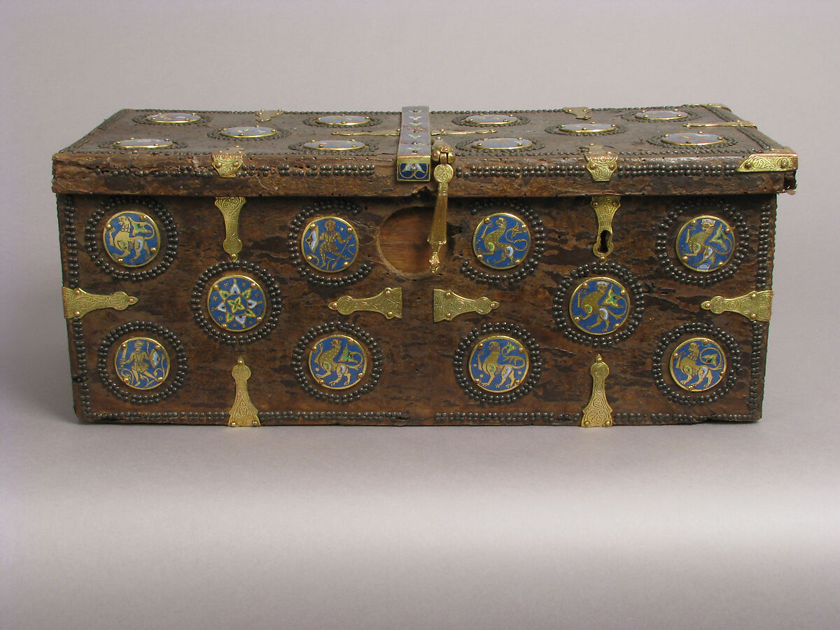 Coffret, Copper: engraved, stippled, and gilt; champlevé enamel: dark, medium, and light blue; green, yellow, red, and white; wood core with applied parchment, gesso; traces of red paint., French