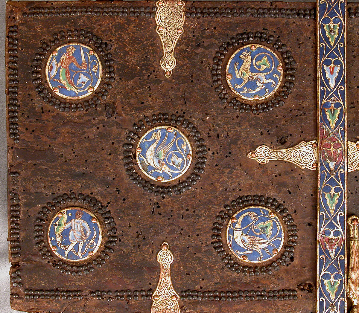 Coffret, Copper: engraved, stippled, and gilt; champlevé enamel: dark, medium, and light blue; green, yellow, red, and white; wood core with applied parchment, gesso; traces of red paint., French