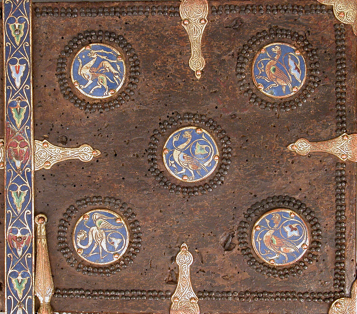 Coffret, Copper: engraved, stippled, and gilt; champlevé enamel: dark, medium, and light blue; green, yellow, red, and white; wood core with applied parchment, gesso; traces of red paint., French