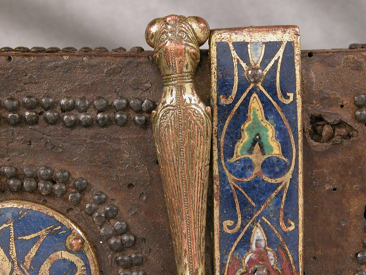 Coffret, Copper: engraved, stippled, and gilt; champlevé enamel: dark, medium, and light blue; green, yellow, red, and white; wood core with applied parchment, gesso; traces of red paint., French