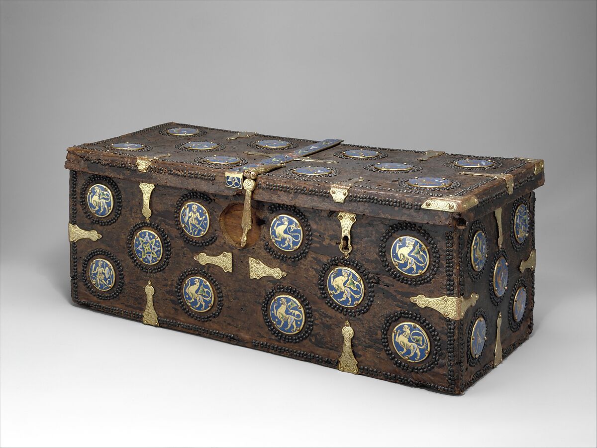 Coffret, Copper: engraved, stippled, and gilt; champlevé enamel: dark, medium, and light blue; green, yellow, red, and white; wood core with applied parchment, gesso; traces of red paint., French 