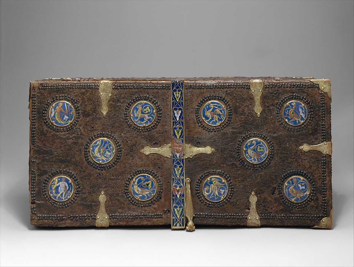 Coffret, Copper: engraved, stippled, and gilt; champlevé enamel: dark, medium, and light blue; green, yellow, red, and white; wood core with applied parchment, gesso; traces of red paint., French