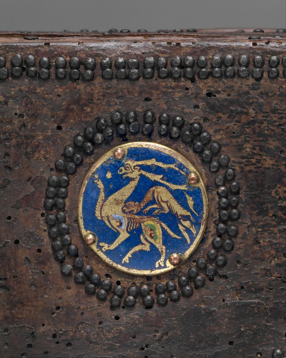 Coffret, Copper: engraved, stippled, and gilt; champlevé enamel: dark, medium, and light blue; green, yellow, red, and white; wood core with applied parchment, gesso; traces of red paint., French
