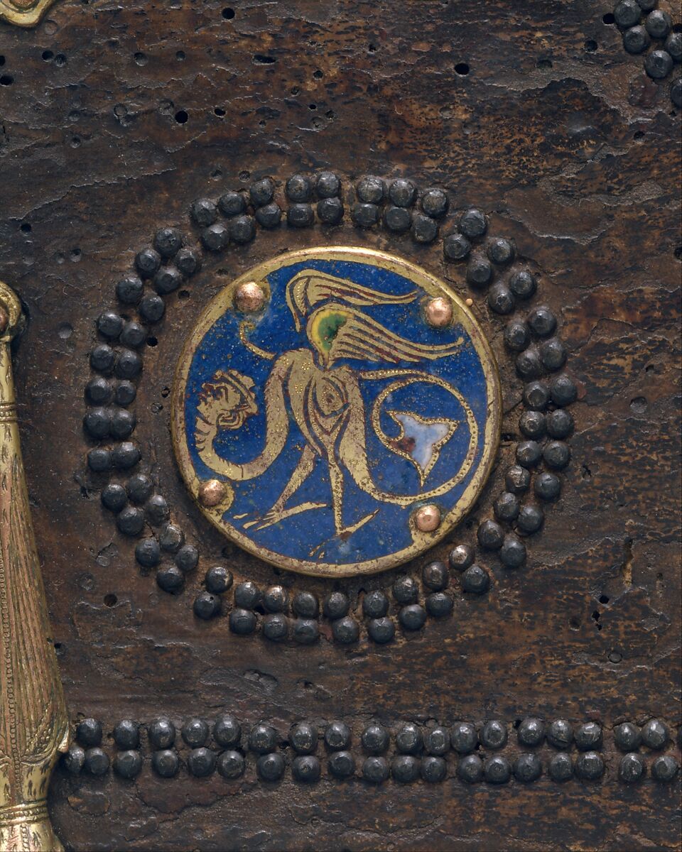 Coffret, Copper: engraved, stippled, and gilt; champlevé enamel: dark, medium, and light blue; green, yellow, red, and white; wood core with applied parchment, gesso; traces of red paint., French