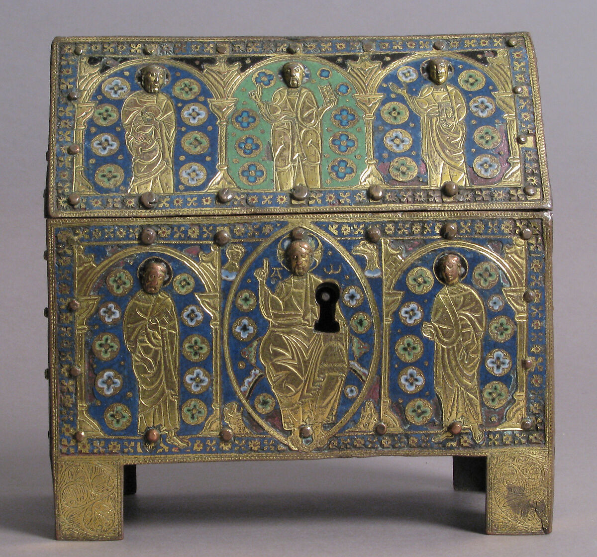 Chasse with Christ in Majesty and Apostles, Copper: engraved, chiseled, stippled, gilt; champlevé enamel: blue-black, dark, medium, and light blue; turquoise, green, yellow, red, translucent red, and white, French