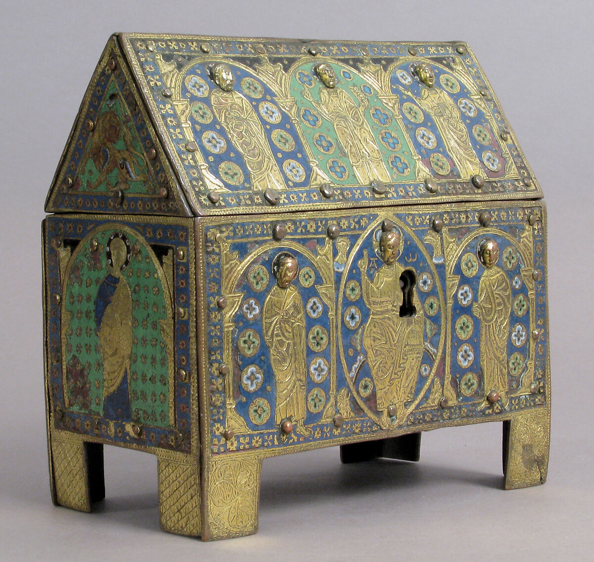 Chasse with Christ in Majesty and Apostles, Copper: engraved, chiseled, stippled, gilt; champlevé enamel: blue-black, dark, medium, and light blue; turquoise, green, yellow, red, translucent red, and white, French