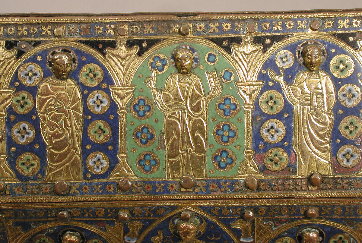Chasse with Christ in Majesty and Apostles, Copper: engraved, chiseled, stippled, gilt; champlevé enamel: blue-black, dark, medium, and light blue; turquoise, green, yellow, red, translucent red, and white, French
