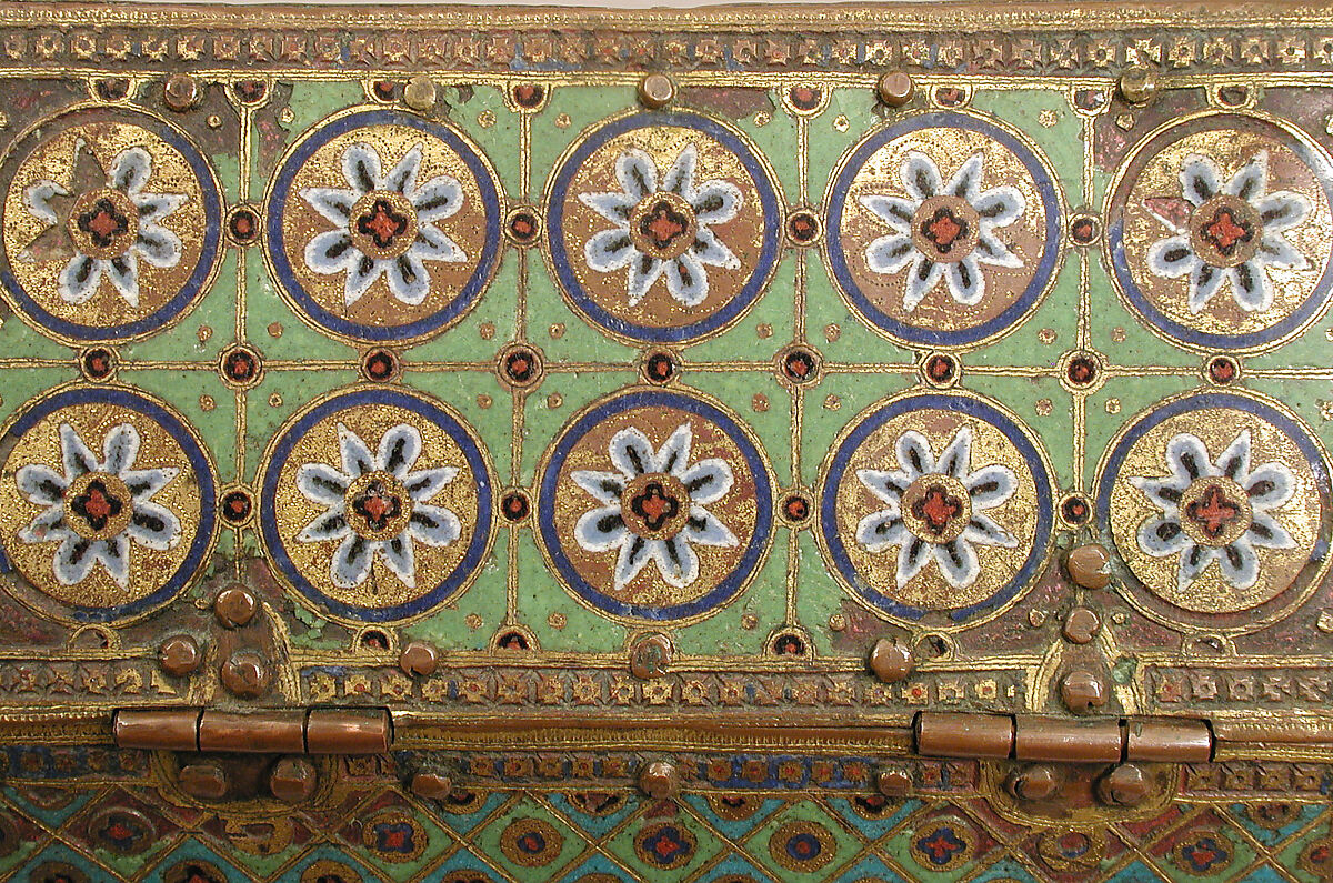 Chasse with Christ in Majesty and Apostles, Copper: engraved, chiseled, stippled, gilt; champlevé enamel: blue-black, dark, medium, and light blue; turquoise, green, yellow, red, translucent red, and white, French