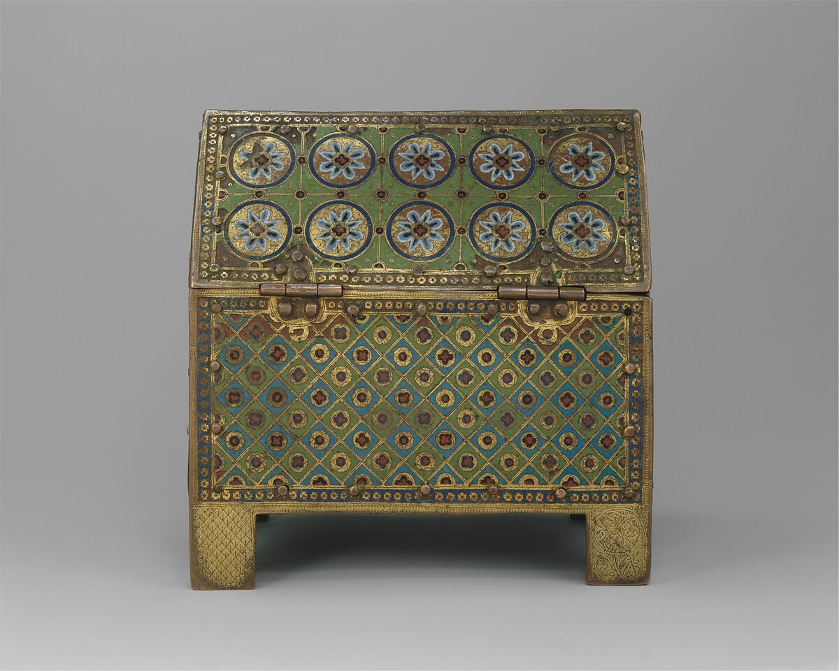 Chasse with Christ in Majesty and Apostles, Copper: engraved, chiseled, stippled, gilt; champlevé enamel: blue-black, dark, medium, and light blue; turquoise, green, yellow, red, translucent red, and white, French