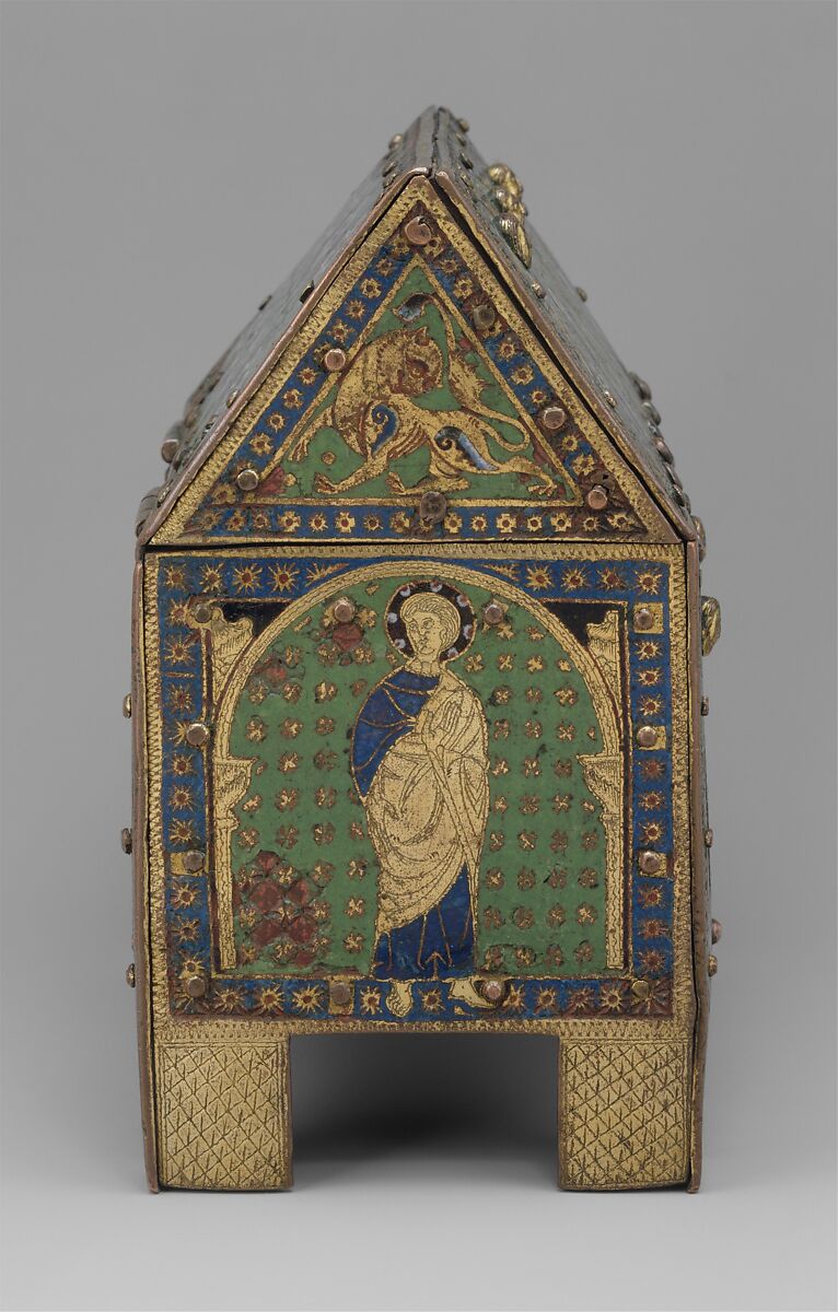 Chasse with Christ in Majesty and Apostles, Copper: engraved, chiseled, stippled, gilt; champlevé enamel: blue-black, dark, medium, and light blue; turquoise, green, yellow, red, translucent red, and white, French