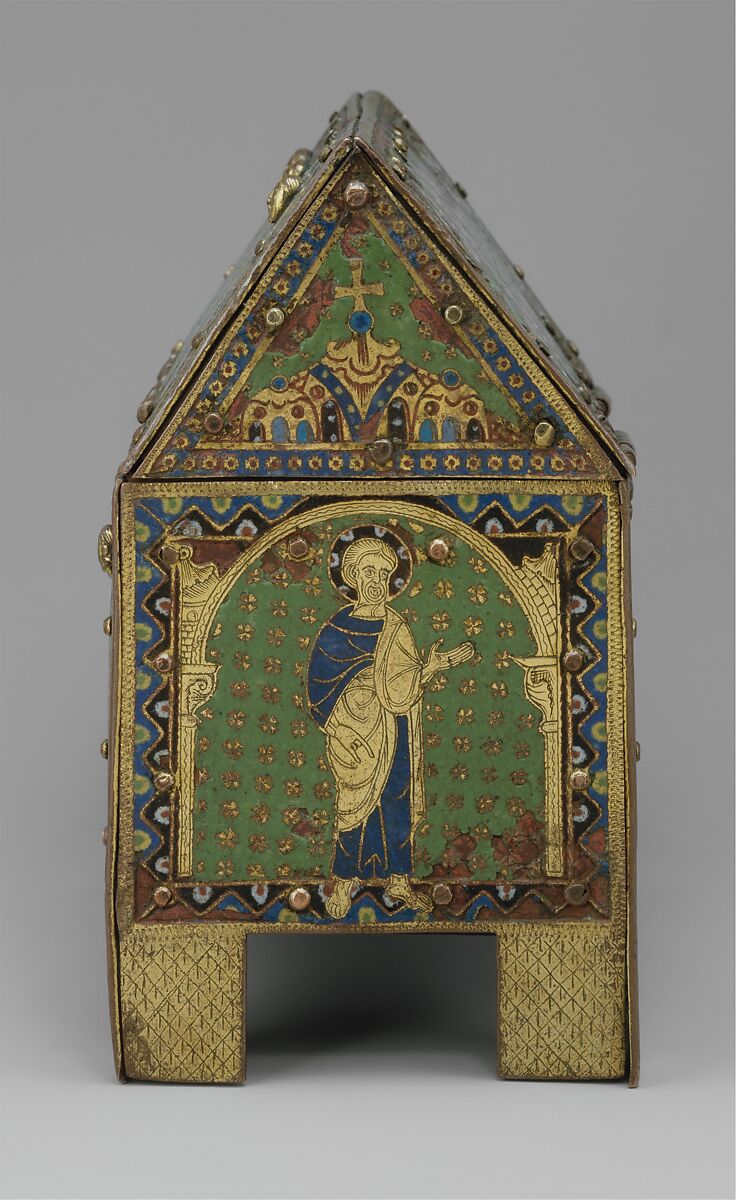 Chasse with Christ in Majesty and Apostles, Copper: engraved, chiseled, stippled, gilt; champlevé enamel: blue-black, dark, medium, and light blue; turquoise, green, yellow, red, translucent red, and white, French
