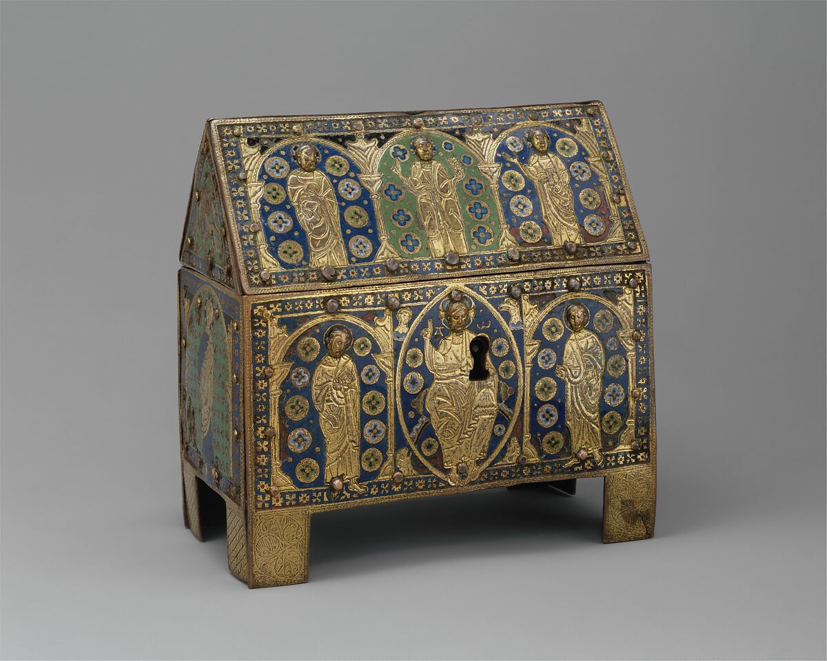 Chasse with Christ in Majesty and Apostles, Copper: engraved, chiseled, stippled, gilt; champlevé enamel: blue-black, dark, medium, and light blue; turquoise, green, yellow, red, translucent red, and white, French
