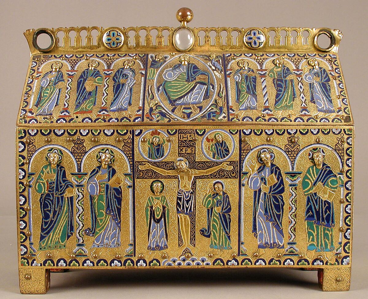 Chasse with the Crucifixion and Christ in Majesty, Copper: engraved, chiseled, stippled, and gilt; champlevé enamel: dark, medium, and light blue; turquoise, dark and light green, yellow, red, and white; wood core, painted red on exterior, French