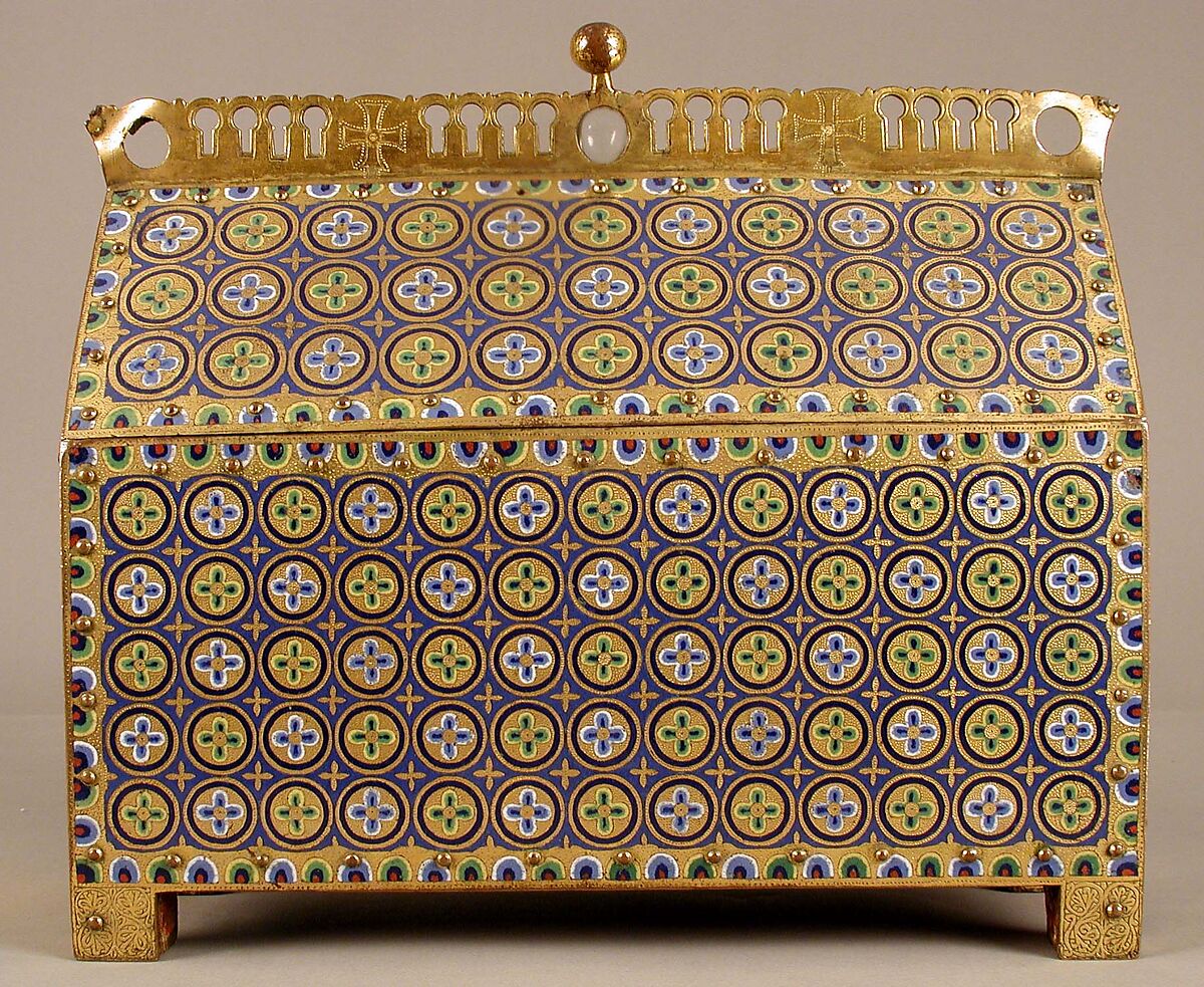 Chasse with the Crucifixion and Christ in Majesty, Copper: engraved, chiseled, stippled, and gilt; champlevé enamel: dark, medium, and light blue; turquoise, dark and light green, yellow, red, and white; wood core, painted red on exterior, French