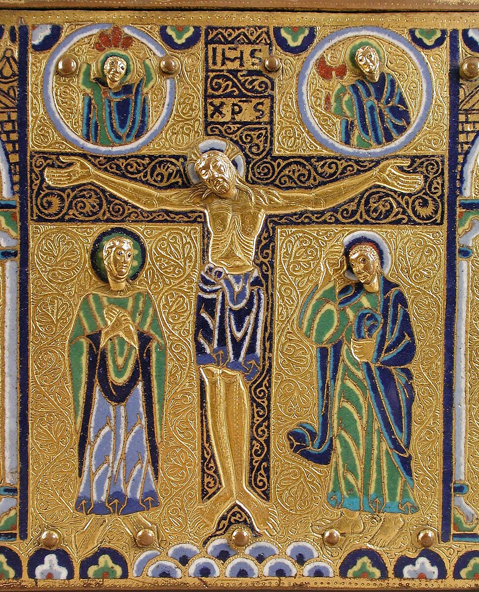 Chasse with the Crucifixion and Christ in Majesty, Copper: engraved, chiseled, stippled, and gilt; champlevé enamel: dark, medium, and light blue; turquoise, dark and light green, yellow, red, and white; wood core, painted red on exterior, French