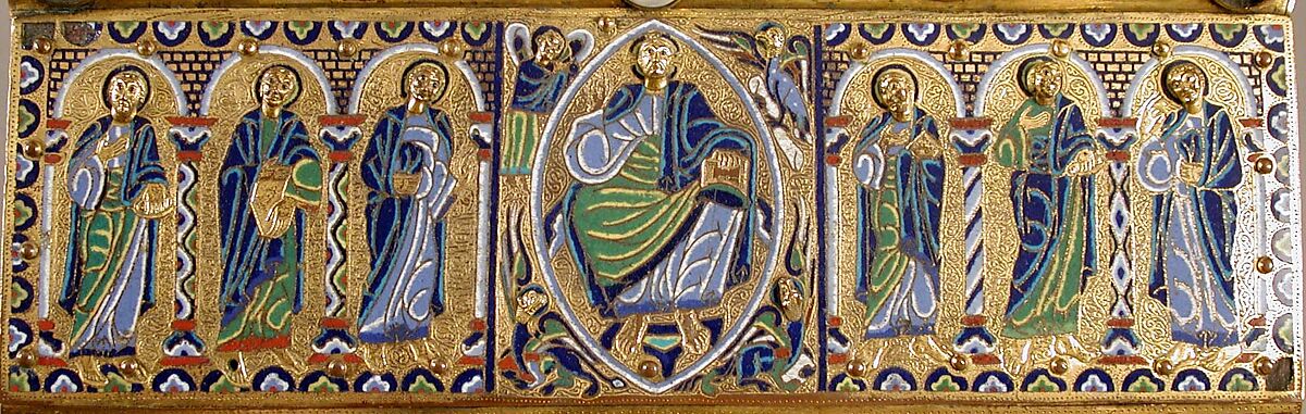 Chasse with the Crucifixion and Christ in Majesty, Copper: engraved, chiseled, stippled, and gilt; champlevé enamel: dark, medium, and light blue; turquoise, dark and light green, yellow, red, and white; wood core, painted red on exterior, French