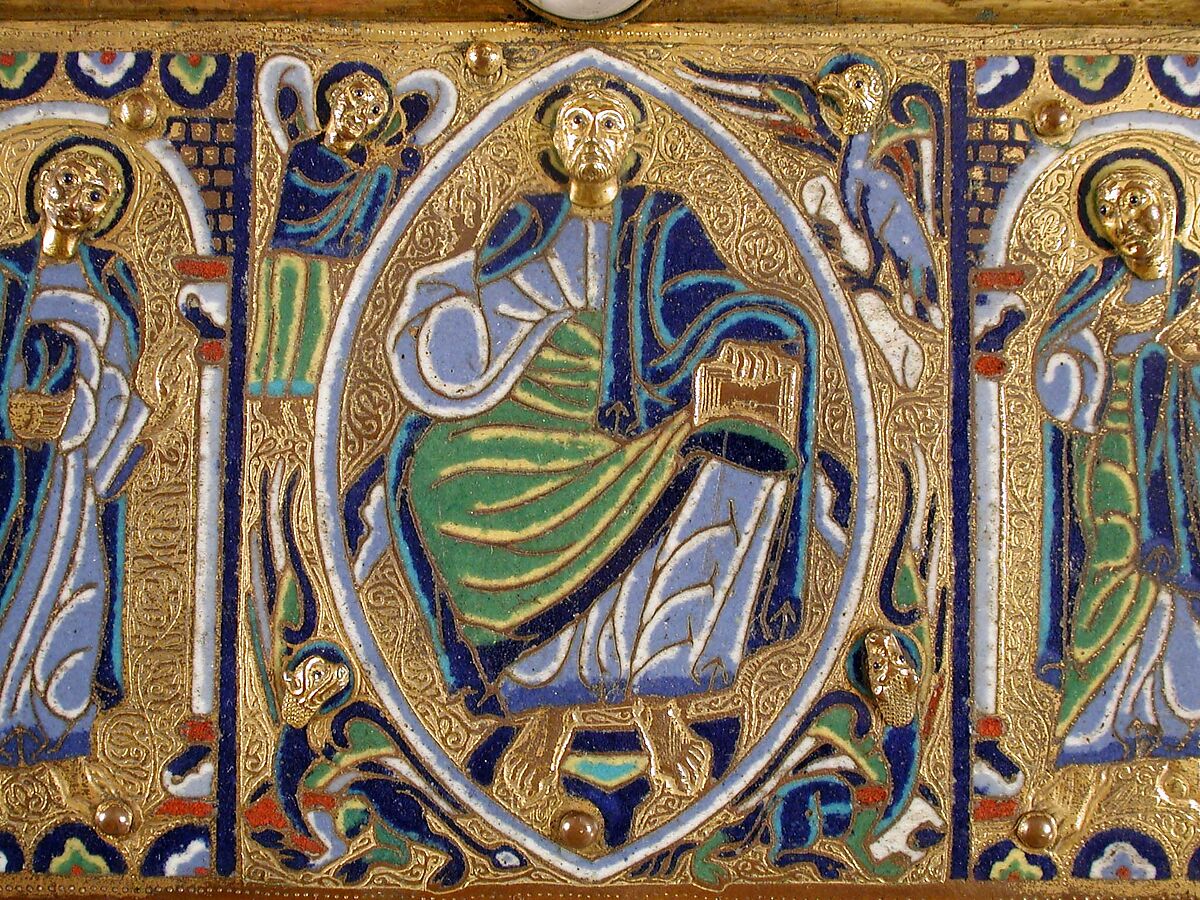 Chasse with the Crucifixion and Christ in Majesty, Copper: engraved, chiseled, stippled, and gilt; champlevé enamel: dark, medium, and light blue; turquoise, dark and light green, yellow, red, and white; wood core, painted red on exterior, French