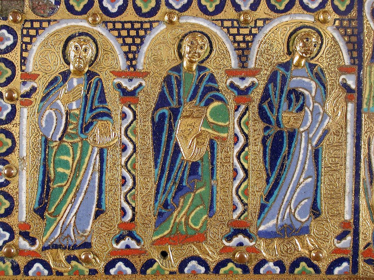 Chasse with the Crucifixion and Christ in Majesty, Copper: engraved, chiseled, stippled, and gilt; champlevé enamel: dark, medium, and light blue; turquoise, dark and light green, yellow, red, and white; wood core, painted red on exterior, French