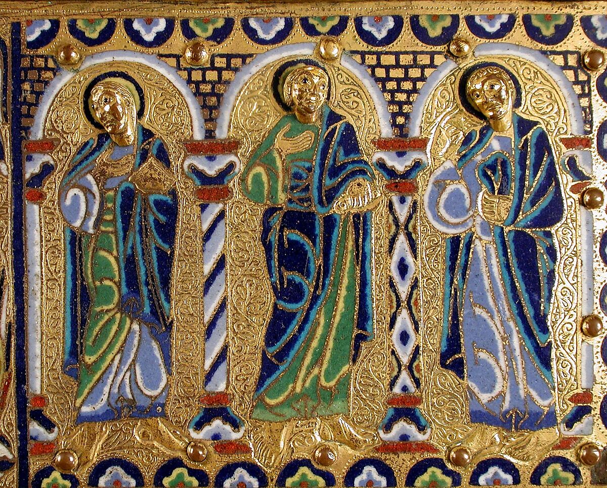 Chasse with the Crucifixion and Christ in Majesty, Copper: engraved, chiseled, stippled, and gilt; champlevé enamel: dark, medium, and light blue; turquoise, dark and light green, yellow, red, and white; wood core, painted red on exterior, French