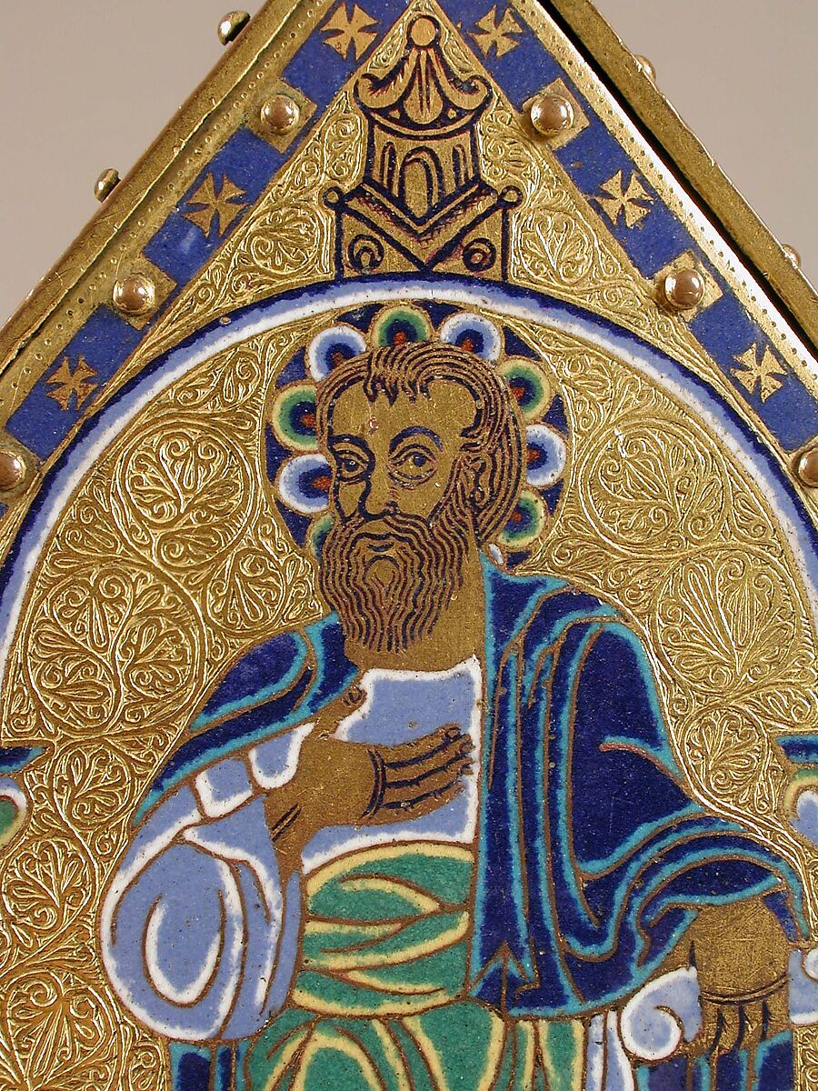 Chasse with the Crucifixion and Christ in Majesty, Copper: engraved, chiseled, stippled, and gilt; champlevé enamel: dark, medium, and light blue; turquoise, dark and light green, yellow, red, and white; wood core, painted red on exterior, French