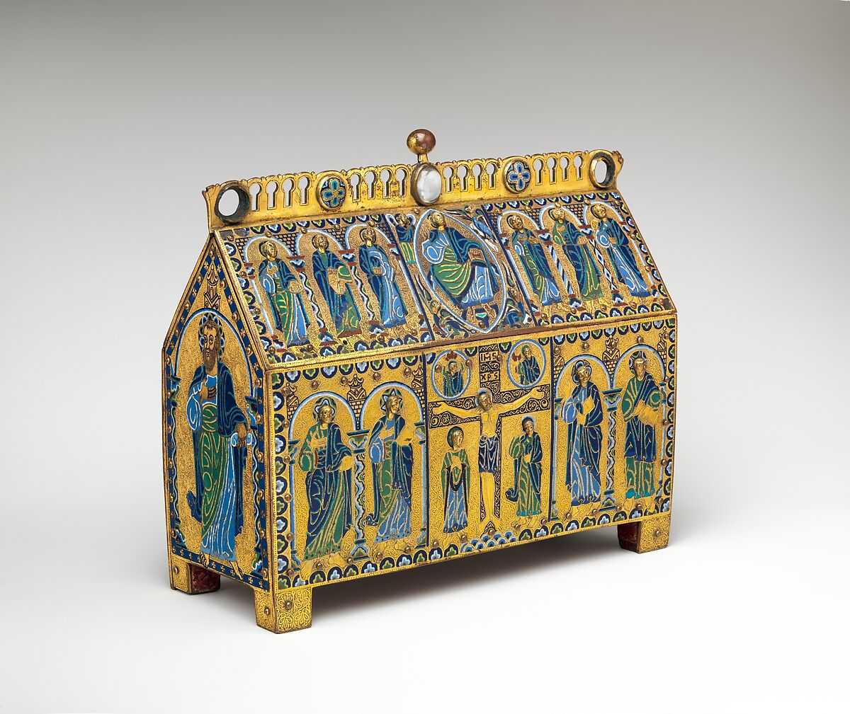 Chasse with the Crucifixion and Christ in Majesty, Copper: engraved, chiseled, stippled, and gilt; champlevé enamel: dark, medium, and light blue; turquoise, dark and light green, yellow, red, and white; wood core, painted red on exterior, French