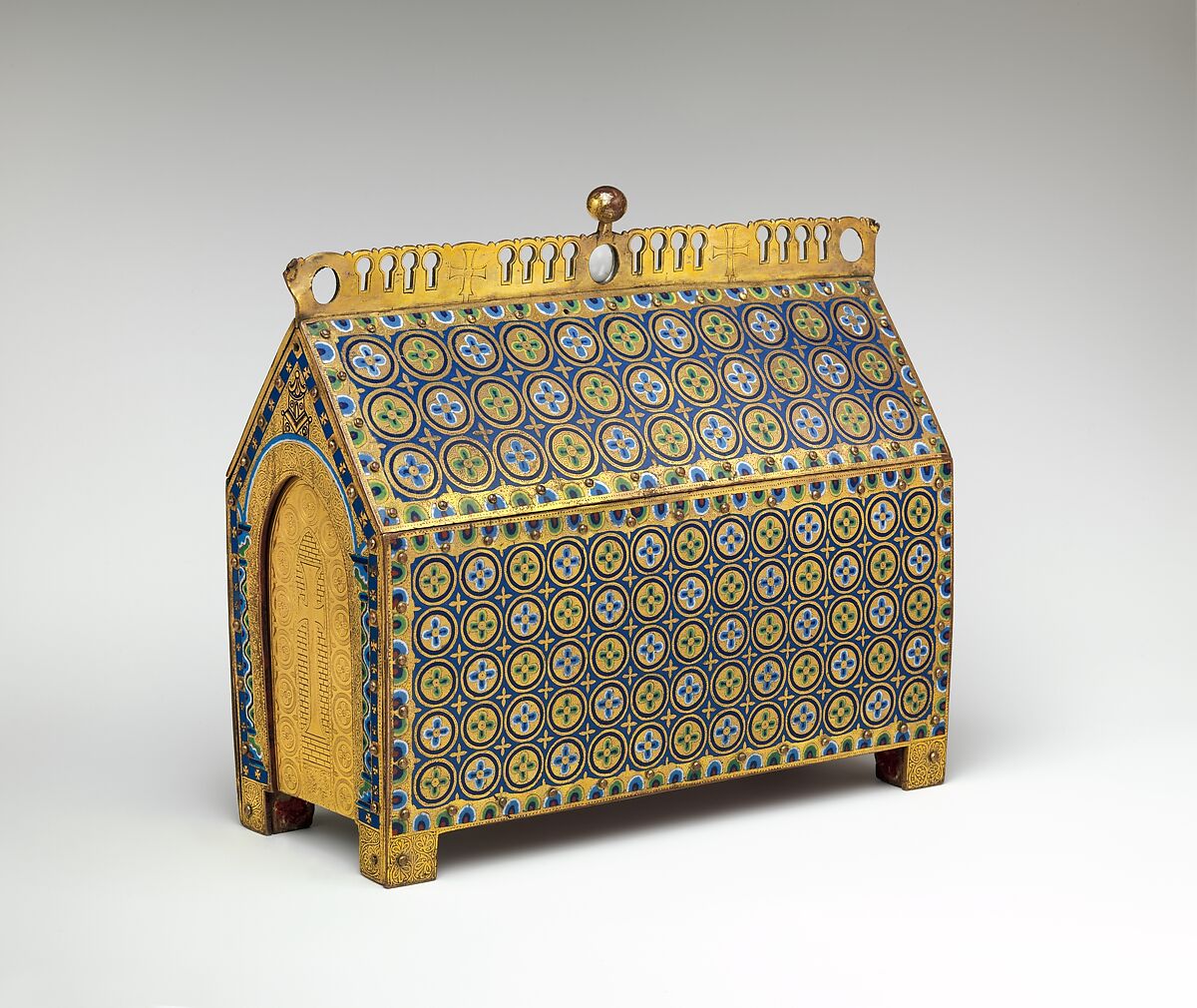 Chasse with the Crucifixion and Christ in Majesty, Copper: engraved, chiseled, stippled, and gilt; champlevé enamel: dark, medium, and light blue; turquoise, dark and light green, yellow, red, and white; wood core, painted red on exterior, French