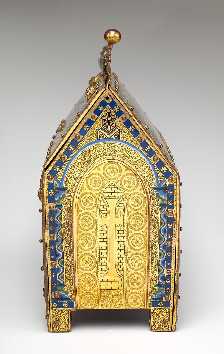 Chasse with the Crucifixion and Christ in Majesty, Copper: engraved, chiseled, stippled, and gilt; champlevé enamel: dark, medium, and light blue; turquoise, dark and light green, yellow, red, and white; wood core, painted red on exterior, French