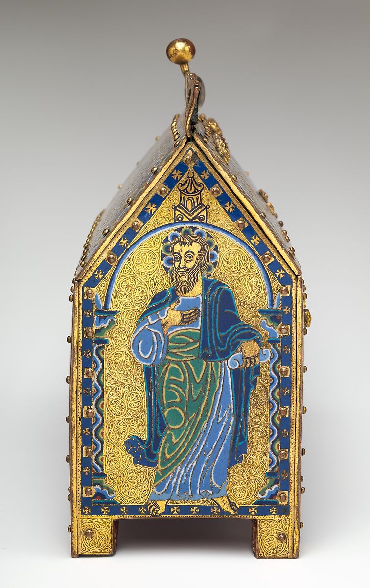 Chasse with the Crucifixion and Christ in Majesty, Copper: engraved, chiseled, stippled, and gilt; champlevé enamel: dark, medium, and light blue; turquoise, dark and light green, yellow, red, and white; wood core, painted red on exterior, French