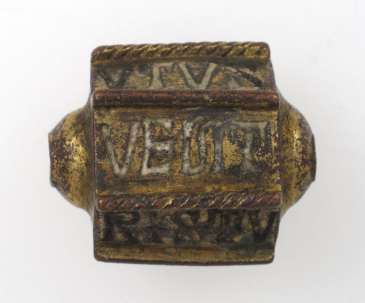 Bead, Hexagonal, Gilded copper and enamel, Italian