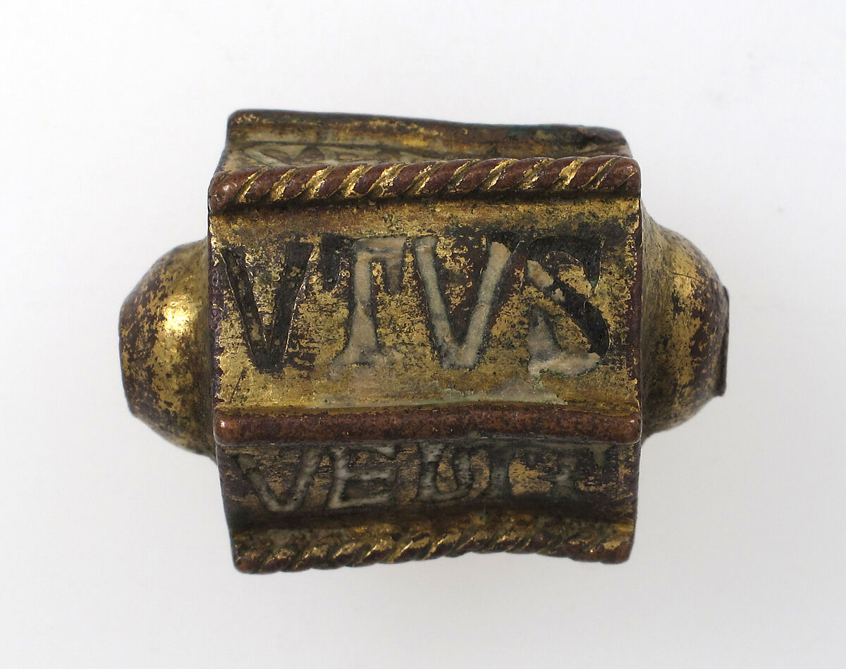Bead, Hexagonal, Gilded copper and enamel, Italian