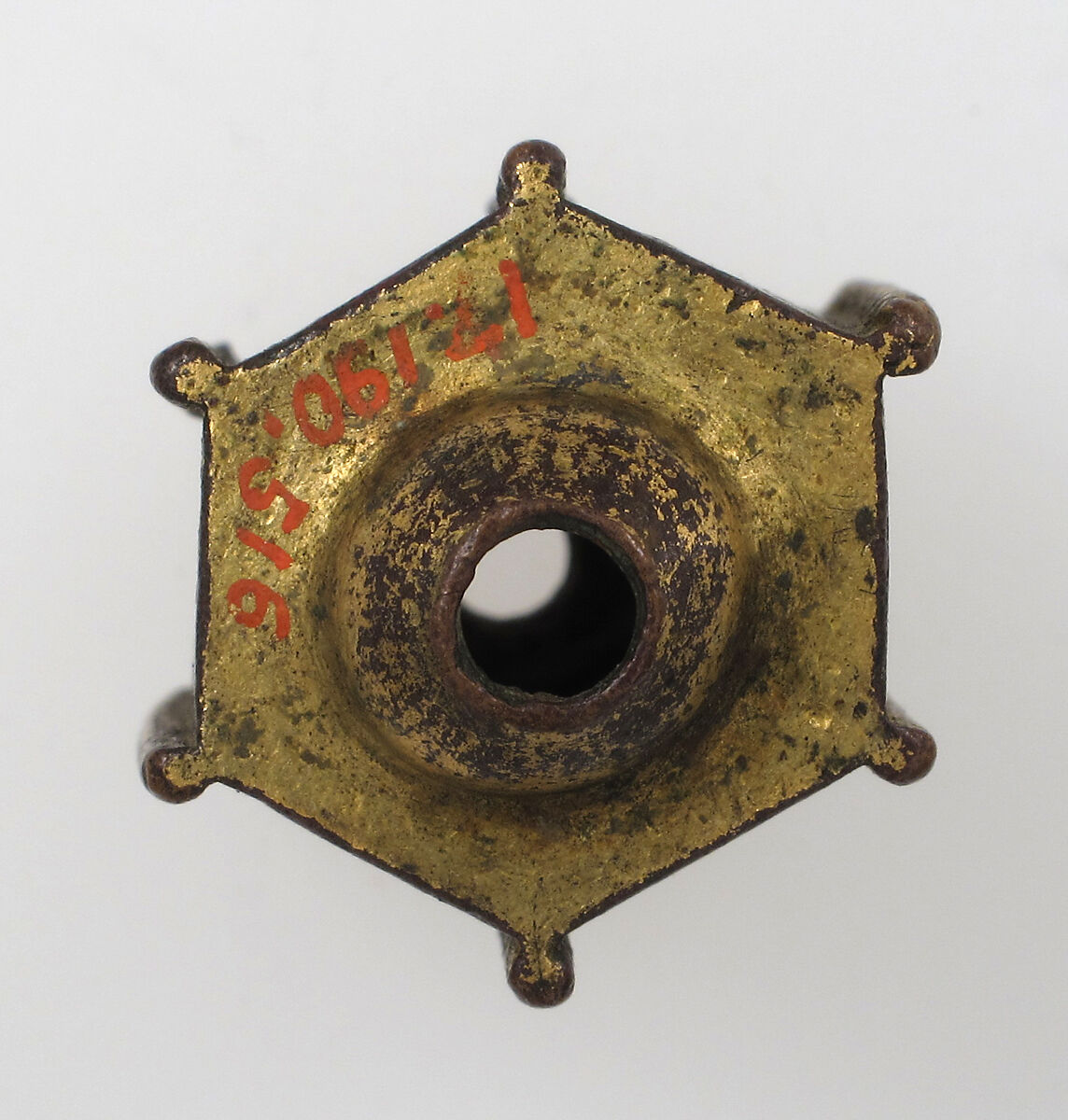 Bead, Hexagonal, Gilded copper and enamel, Italian