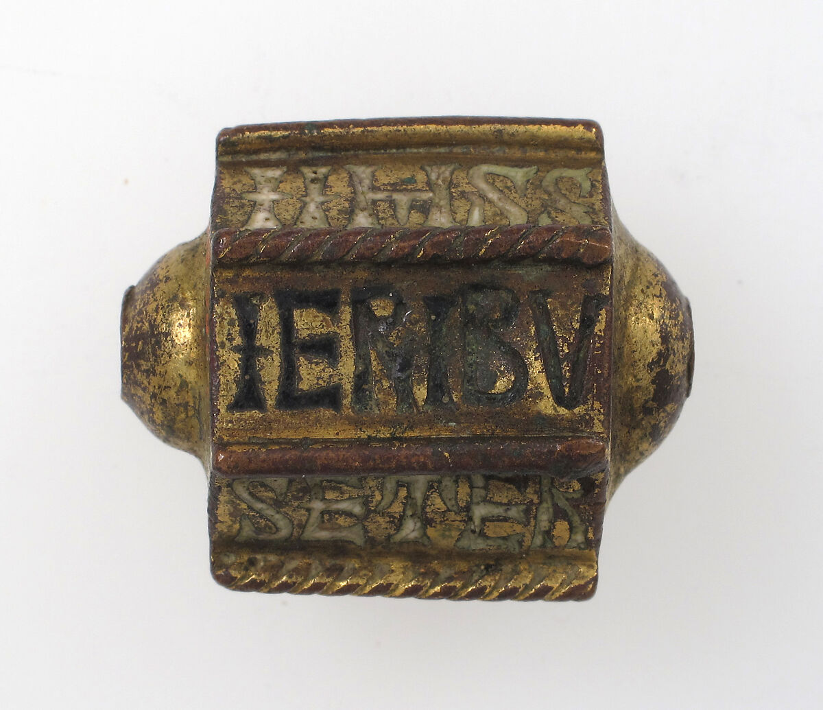 Bead, Hexagonal, Gilded copper and enamel, Italian