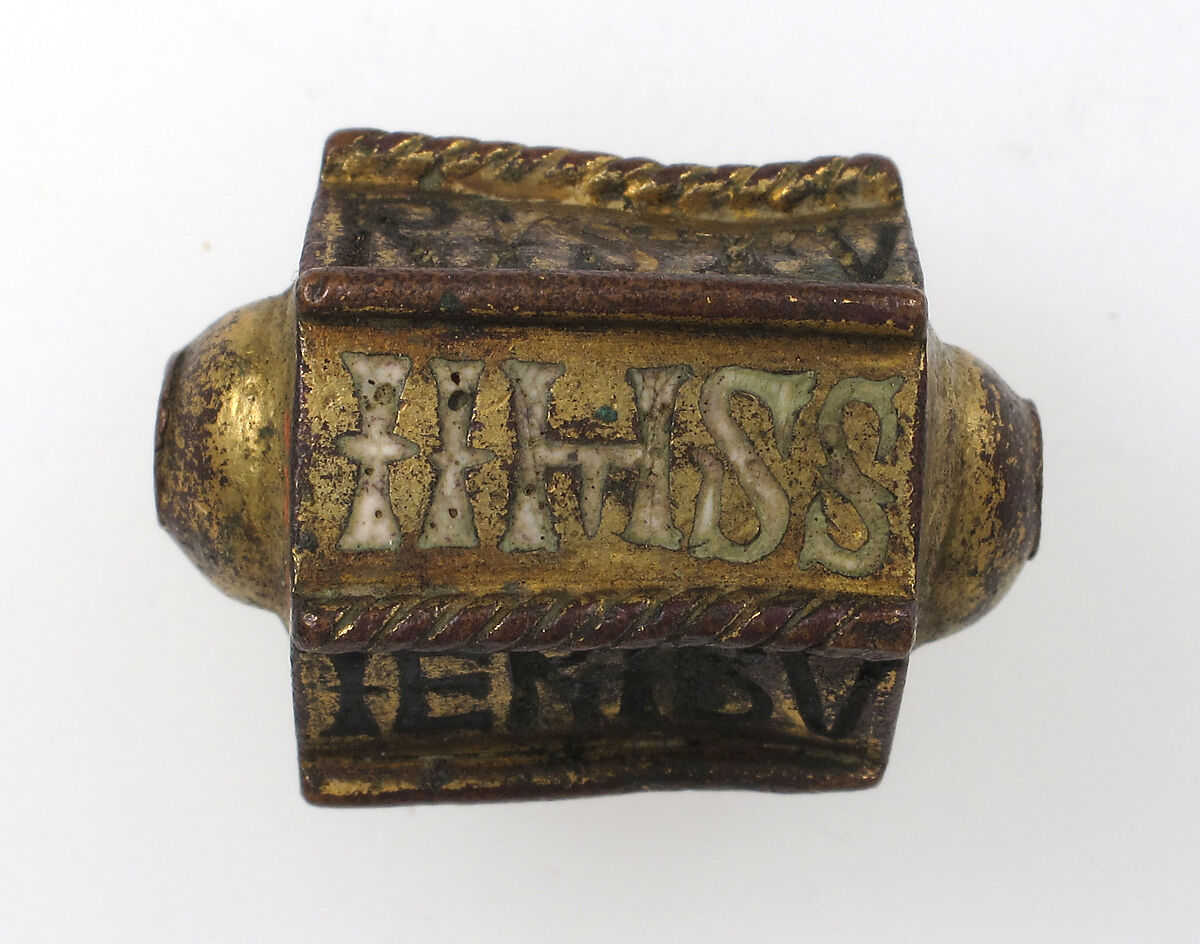 Bead, Hexagonal, Gilded copper and enamel, Italian