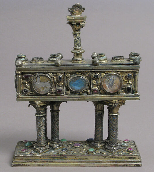 Reliquary, Silver, gilded silver, glass cabochons, champlevé enamel, gold glass, French