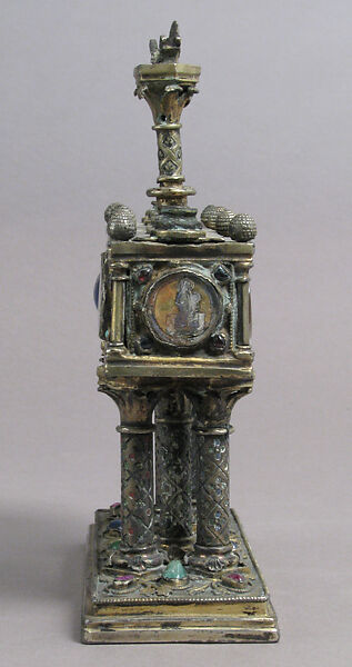 Reliquary, Silver, gilded silver, glass cabochons, champlevé enamel, gold glass, French