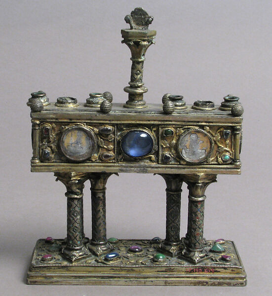 Reliquary, Silver, gilded silver, glass cabochons, champlevé enamel, gold glass, French