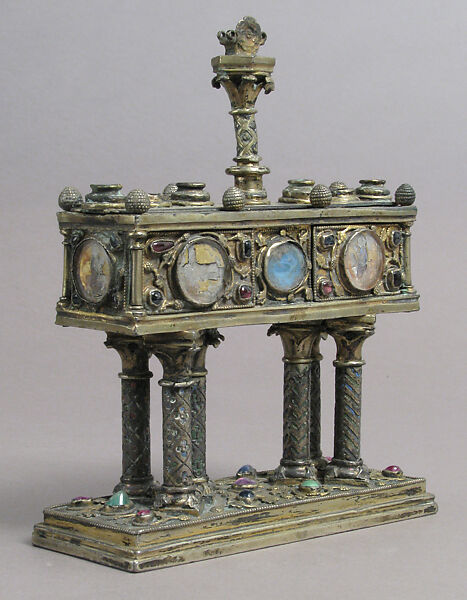 Reliquary, Silver, partial gilt, glass cabochons, champlevé enamel, gold glass, French 