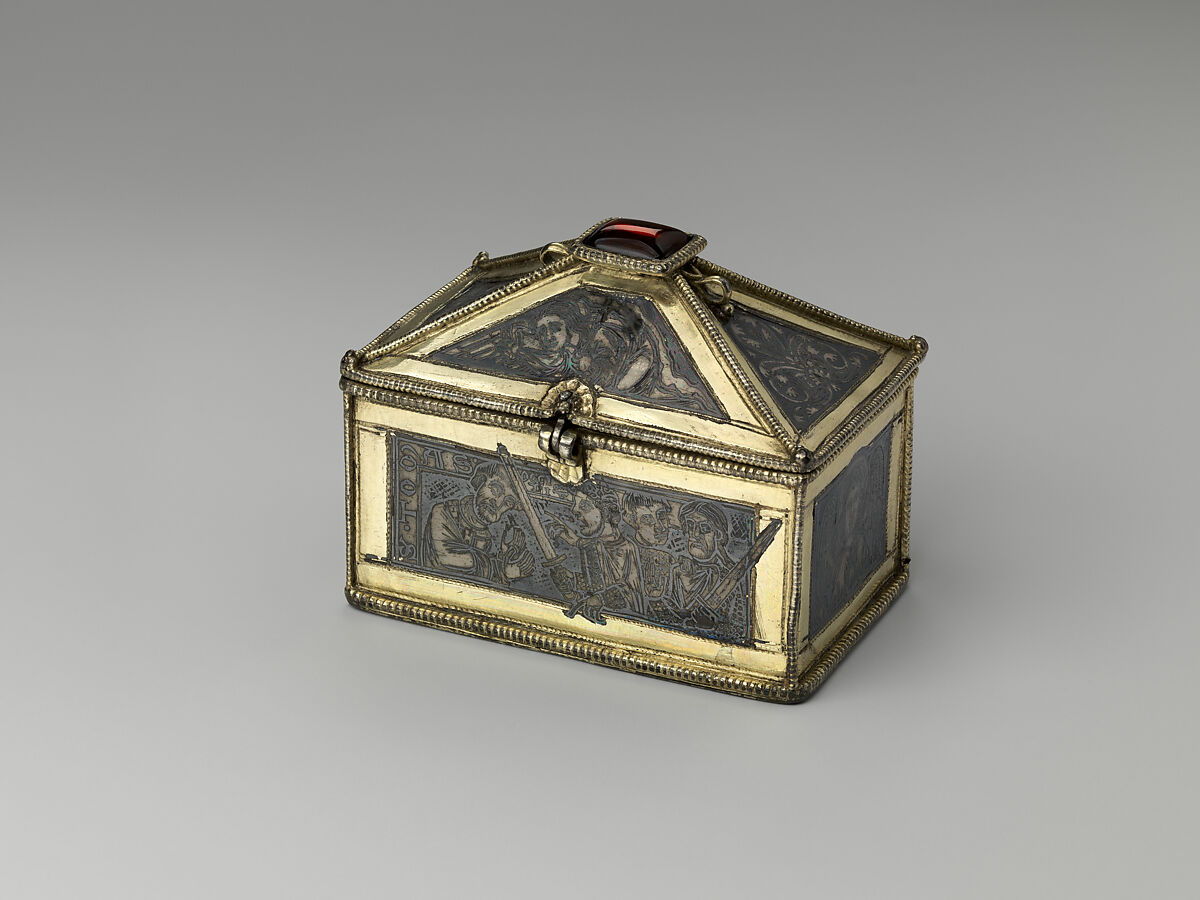 Reliquary Casket with Scenes from the Martyrdom of Saint Thomas Becket, Gilded silver with niello and a glass cabochon set over a tinted foil, British